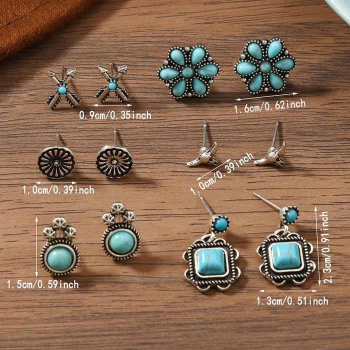 Wholesale Trendy Bohemian Turquoise Bull Head Flower Earrings For Women Alloy Handmade Jewelry Accessory Boutique Resale