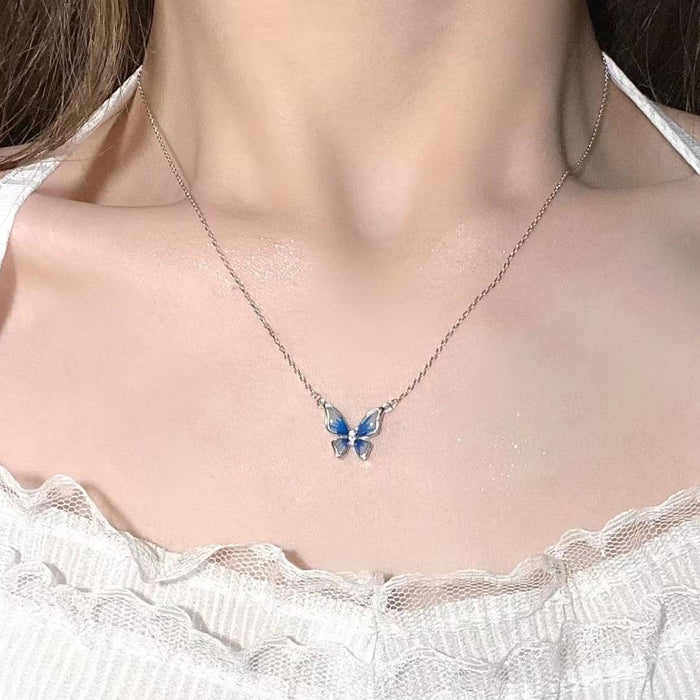 Wholesale Agile Gradient Butterfly Necklace Enamel Gradient Blue Butterfly Necklace Simple Clavicle Chain
