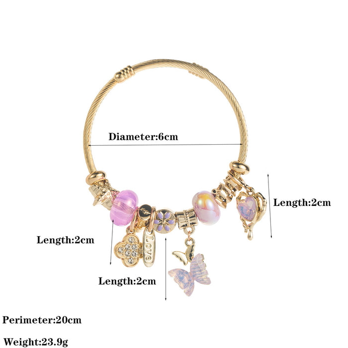 Wholesale Stylish Purple Stainless Steel Charm Bracelet With Diamond Set Four Leaf Clover Butterfly Heart And LOVE Pendant Fashion Accessory