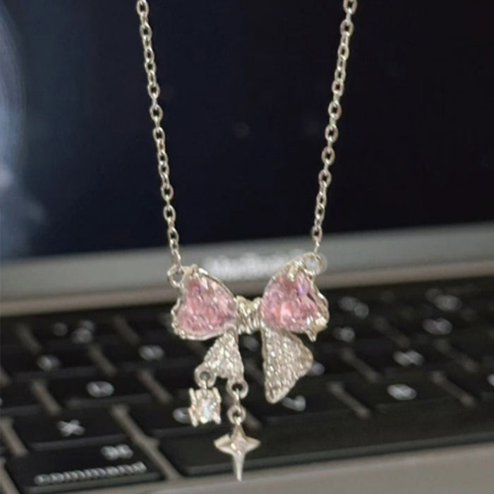 Wholesale Pink zircon bow necklace with a niche temperament, simple and luxurious necklace, vintage necklace