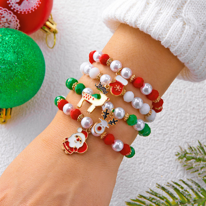 Wholesale Christmas jewelry  elk bell crystal pearl pull-out braided bracelet stacking set