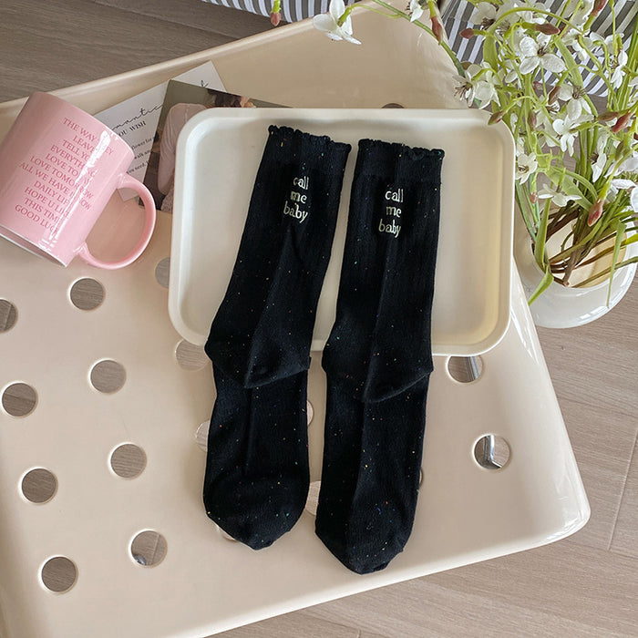 Wholesale Thin dotted yarn embroidered letters, mid tube socks, long tube socks, stacked socks, cotton