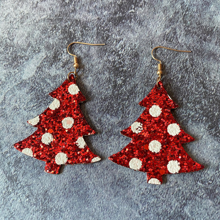 Wholesale Christmas leather earrings flash wave point double-sided Christmas tree shape earrings