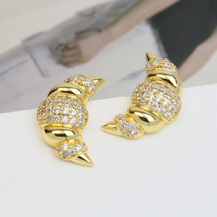 Wholesale 2PCS 18K Gold Brass Zircon Croissant Earrings JDC-ES-BaiYi012