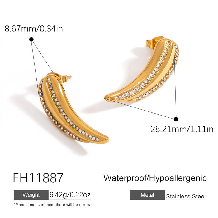 Wholesale Stainless Steel Earrings Asymmetrical Geometric Circle Earrings Workplace Accessible Luxury Pleated Semicircle Earrings with Diamonds