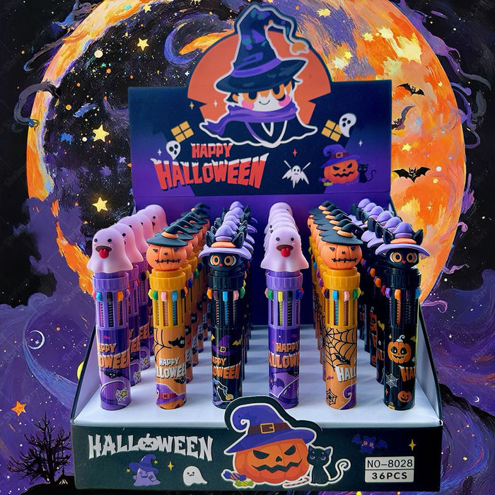 Wholesale 36pcs Halloween Soft Rubber Grip 10-Color Ballpoint Pen Set Cartoon Design