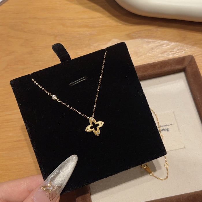Wholesale S925 Sterling Silver Brushed Four-Leaf Clover Necklace Vintage Clavicle Chain Jewelry