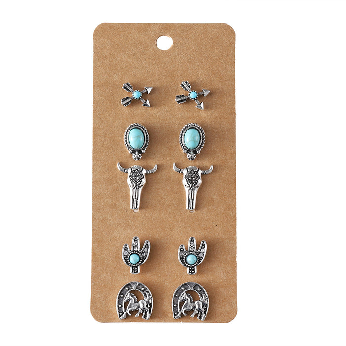 Wholesale cute sweet turquoise earrings suit fashion round bead flower cat claw ear jewelry