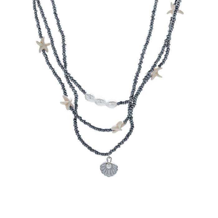 Wholesale Shell pearl necklace with niche design, black rice pearl starfish collarbone chain