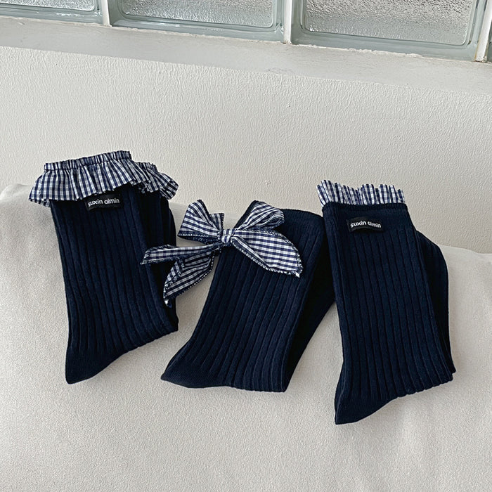 Wholesale Pile socks, butterfly knot socks, mid tube socks, checkered cotton socks