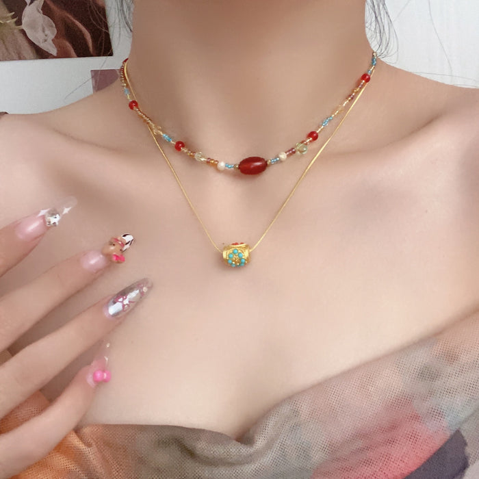 Wholesale Red agate bead necklace, vintage exquisite sweater chain, niche light luxury necklace
