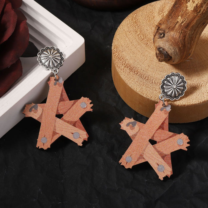 Wholesale Wooden Printing Retro Stars Oval Irregular Quadrilateral Earrings Personalized