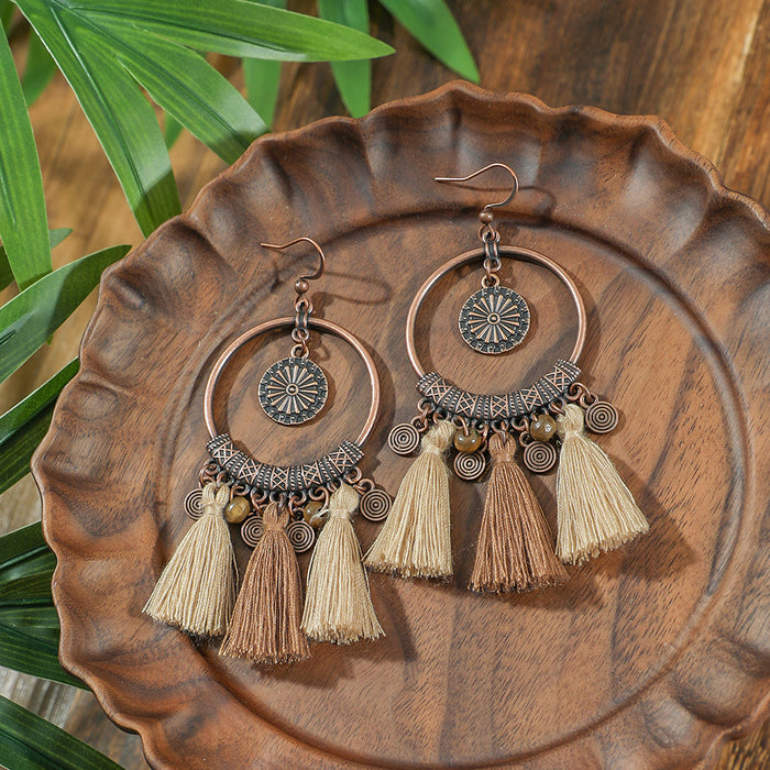 Wholesale Bohemian Handmade Tassel Earring and Necklace Set Alloy Geometric Circle Fashion MOQ≥2