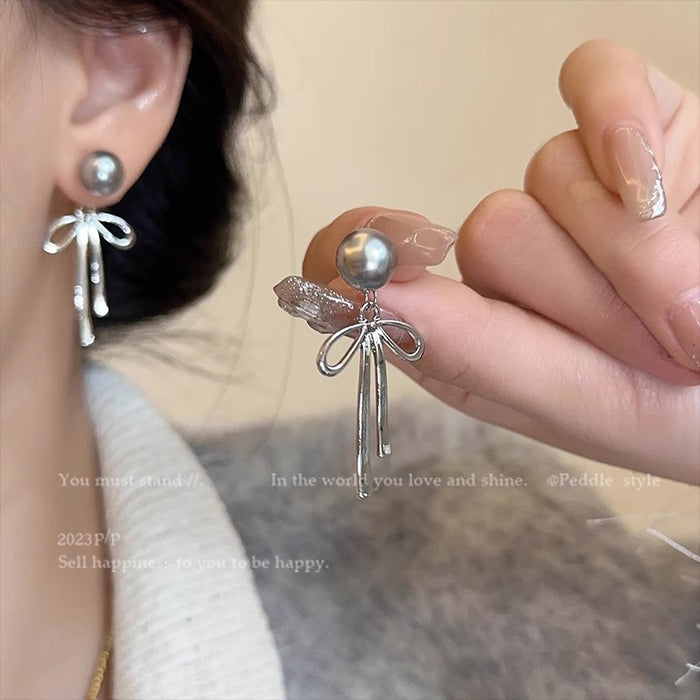 Wholesale Pearl Quality Hemp Gray Two-Wear Bow Silver Needle Earrings