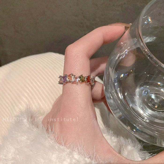 Wholesale Dreamy Rainbow Zircon Ring with Light Luxury Charm, Small Personality Design, High Grade and Exquisite Opening Finger Ring