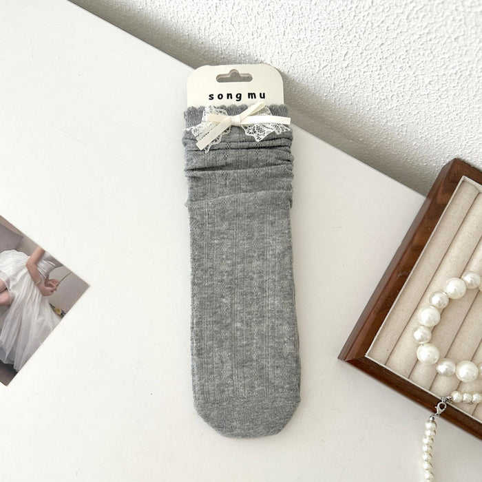 Wholesale Thin mid tube bow lace pile socks with mesh breathable cotton