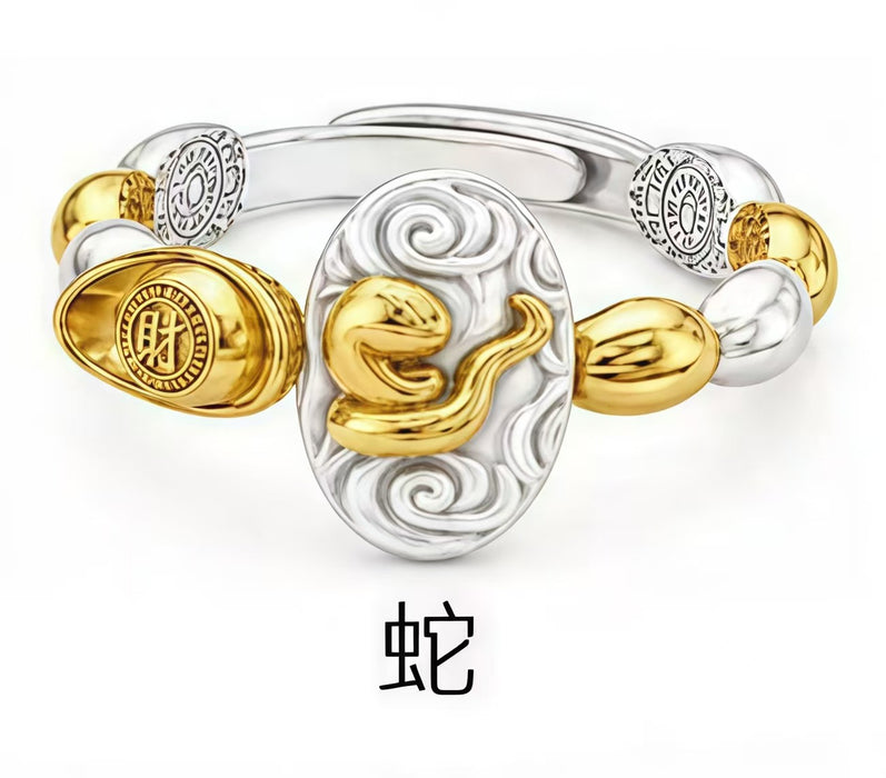 Wholesale Chinese Zodiac Rat Adjustable Open Ring Seven Grain Retro Gold Plated Copper Unisex Jewelry Boutique Resale Gift
