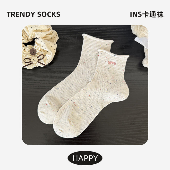 Wholesale Curled edge socks made of pure cotton, thin design, mid tube socks, sweat absorbing, odor proof, butterfly knot, versatile stacking socks