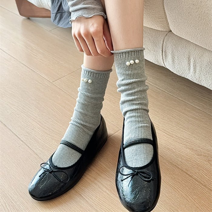 Wholesale Socks Double Needle Solid Color Curled Edge Stacked Socks Middle Tube Socks