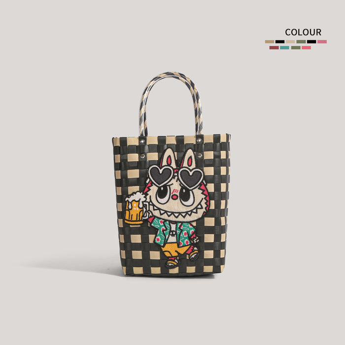 Wholesale  Plastic Woven Handbag Black Leather  Woven Vegetable Basket Handbag Handmade Bag