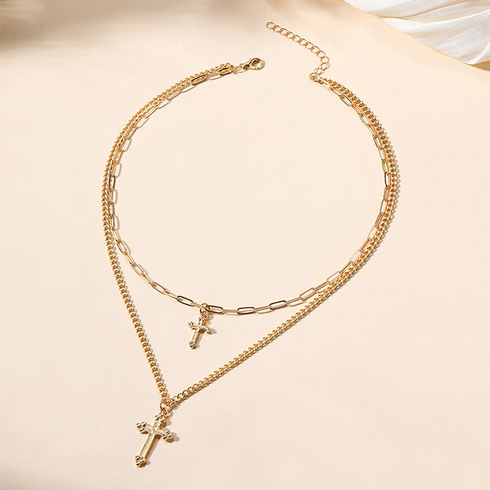 Wholesale Exaggerated jewelry, niche alloy chain pendant, simple cross, multi-layer necklace, women's collarbone chain wholesale