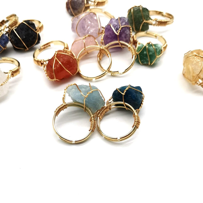 Wholesale New Personalized Handmade Wrapped Raw Stone Agate Ring Women's Adjustable Ring R02 JDC-RS-HXu003