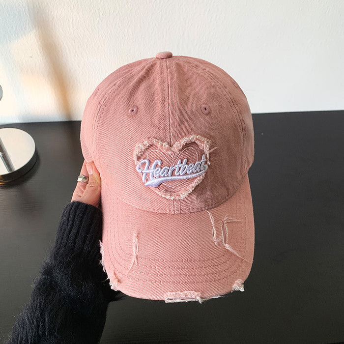 Wholesale Love washed denim baseball cap, retro distressed distressed, wide brim duckbill cap
