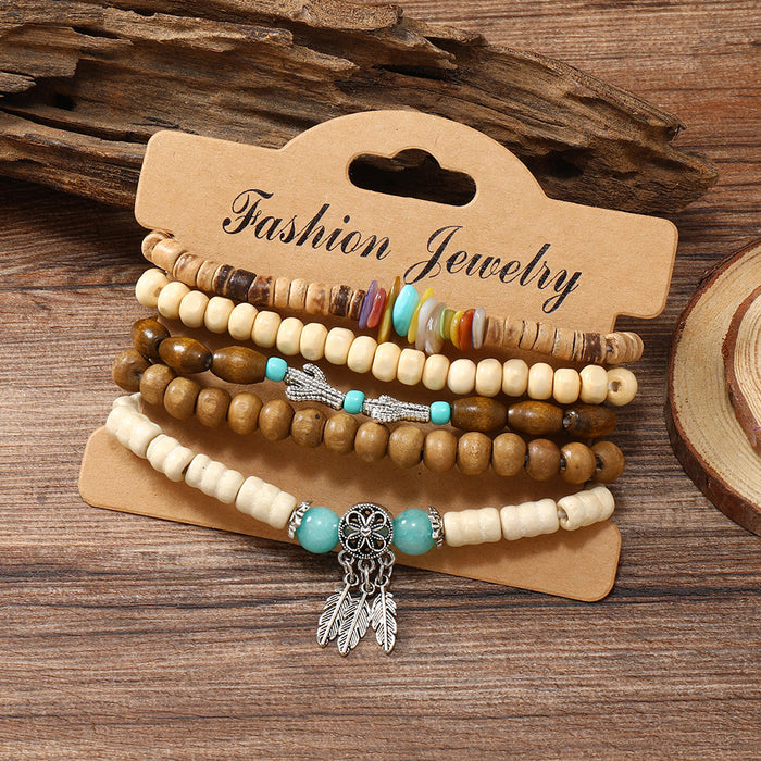 Wholesale Vintage seashell dreamcatcher cactus multi-piece wooden bead bracelet set