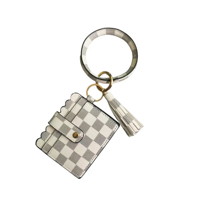 Wholesale Off-white Brown Plaid PU Leather Card Holder Wrist Keychain JDC-KC-HTong002