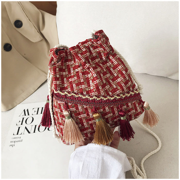 Wholesale Cotton Bucket Bag with Tassel for Women Ethnic Style