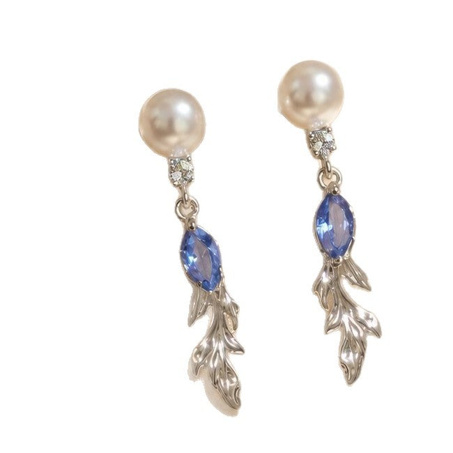 Wholesale Vintage Blue Diamond Pearl Long Earrings Silver Tassel Leaf Design Fairy Party Jewelry Accessory