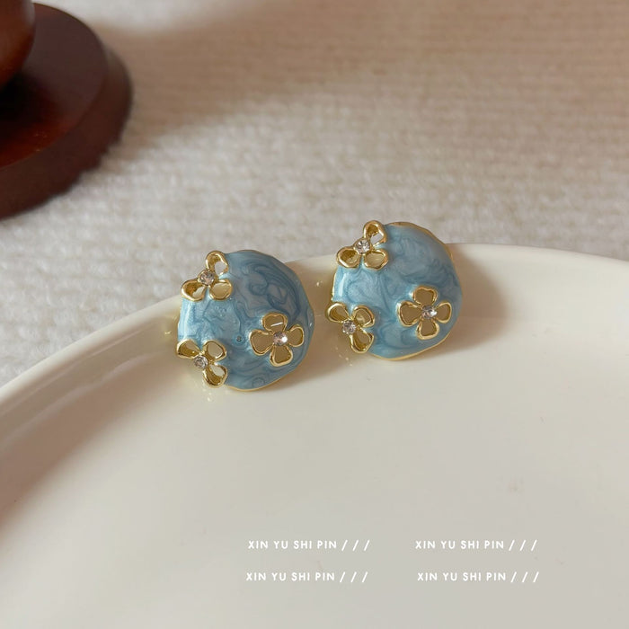 Wholesale Retro oil dripping zircon flower earrings with a light luxury temperament, high-end feel, and niche earrings