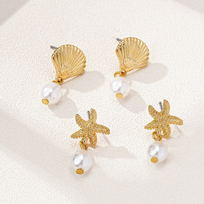 Wholesale  6 sets creative new pearl starfish shell zircon earrings women factory direct sales
