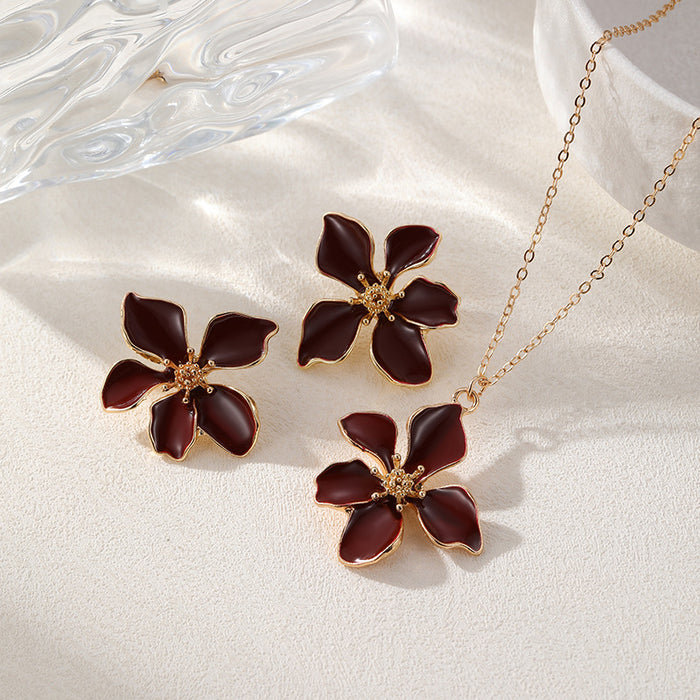 Wholesale Drip Oil Flower Necklace Earrings Camellia Jewelry Set