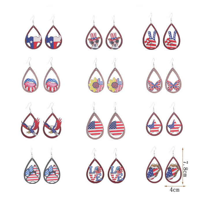 Wholesale American Independence Day Printed Wooden Water Drop Earrings JDC-ES-ChouTteng016