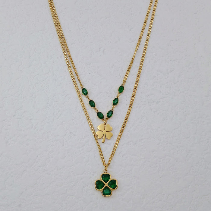 Wholesale Titanium Steel Green Zircon Flower Double Layer Lucky Clover Necklaces JDC-NE-Yiran010