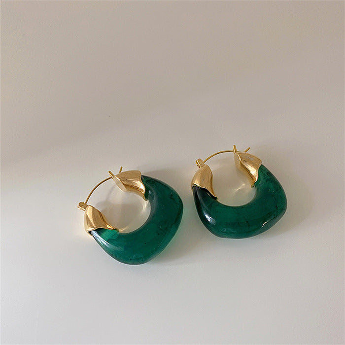 Wholesale Retro geometric U-shaped colored transparent resin and metal earrings