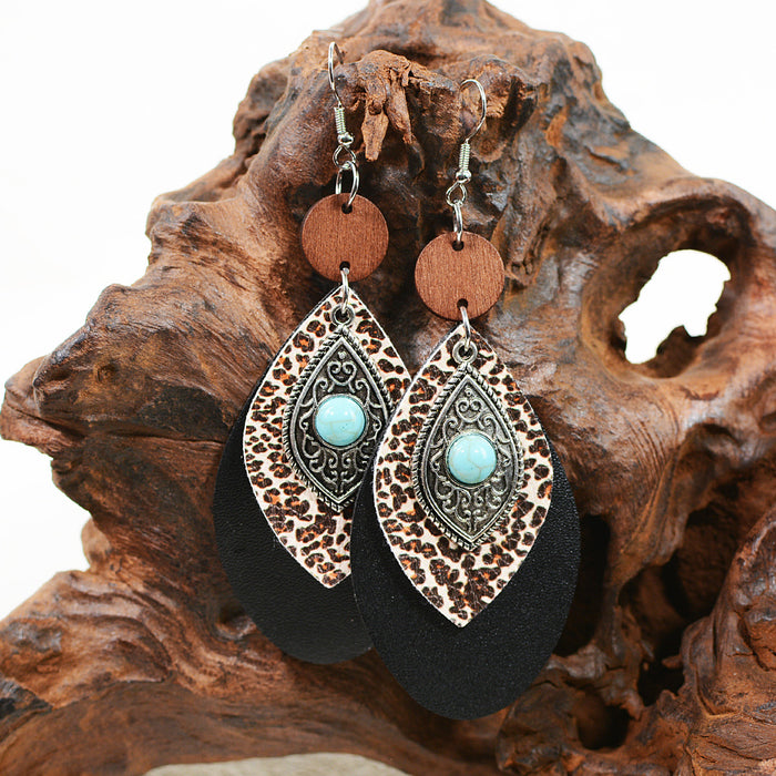 Wholesale Western Style Multi-layered Leopard Print Alloy Turquoise Earrings JDC-ES-ChenC009