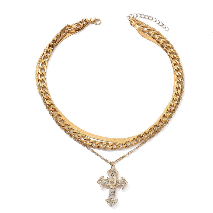 Wholesale Multi layered diamond studded cross necklace with creative simplicity and trendy gold alloy necklace accessories