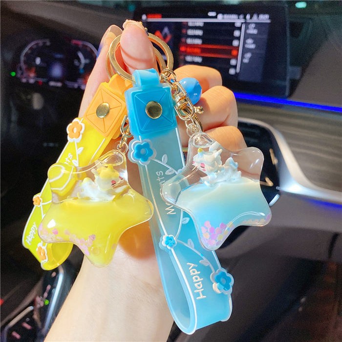 Wholesale Creative acrylic cute unicorn pony oil floating bottle keychain girl backpack liquid Car pendant