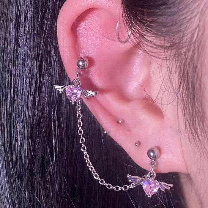 Wholesale Zircon earring chain earrings titanium steel double ear studs with personalized design