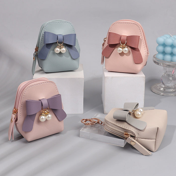 Wholesale PU Leather Pearl Bow Pouch Coin Purse Key Bag Charm Stylish Gift For Women
