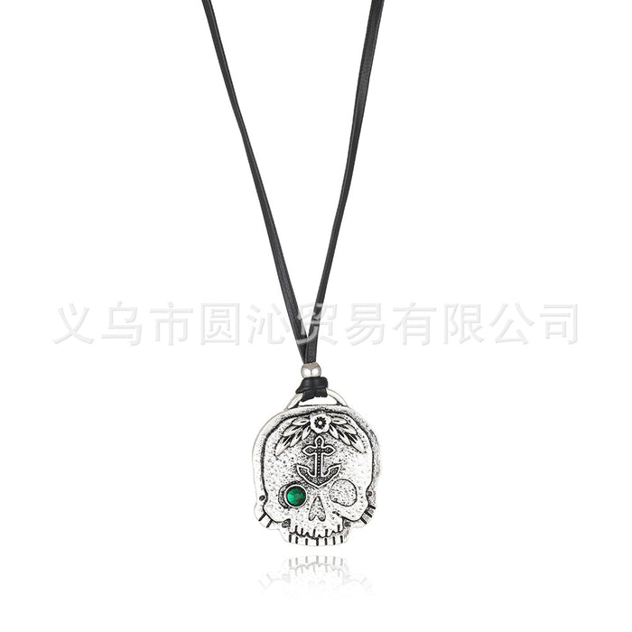Wholesale Personalized skull pendant necklace adjustable long black leather rope sweater chain
