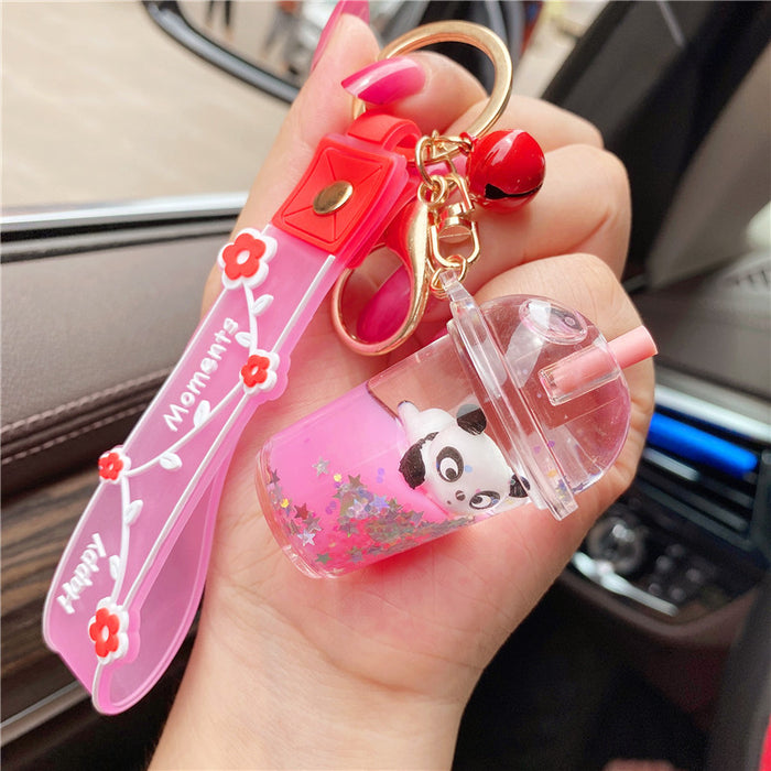 Wholesale Red Creative Girl's Heart Cute Panda Oil-filled Milk Tea Cup Floating Bottle Keychain Pendant quicksand pendant