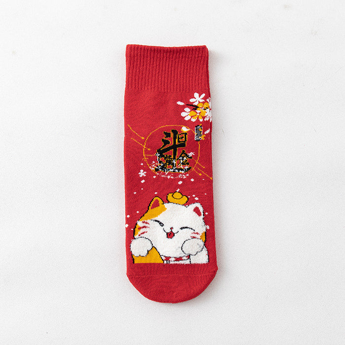 Wholesale Socks for men and women mid-tube socks cotton bottom festive red stockings new year gift lucky cat socks