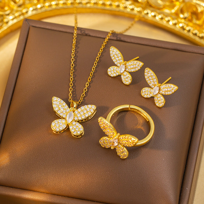 Wholesale Chic Butterfly Titanium Steel Copper Zircon Jewelry Set Necklace Earrings Bracelet MOQ≥2