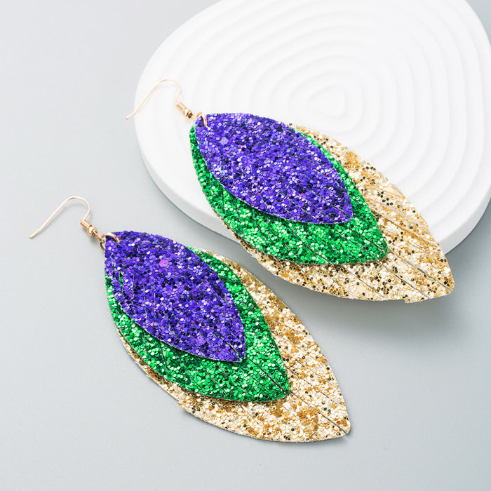Wholesale Mardi Gras Triple PU Leather Sparkling Leaf-Shaped Leather Earrings