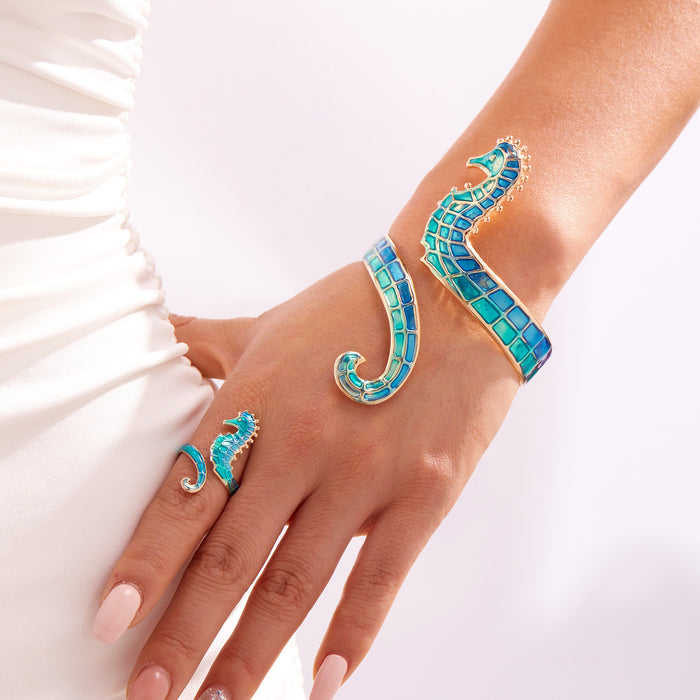 Wholesale Summer  Winding Seahorse Open Bracelet Ring  Oil Painting Jewelry