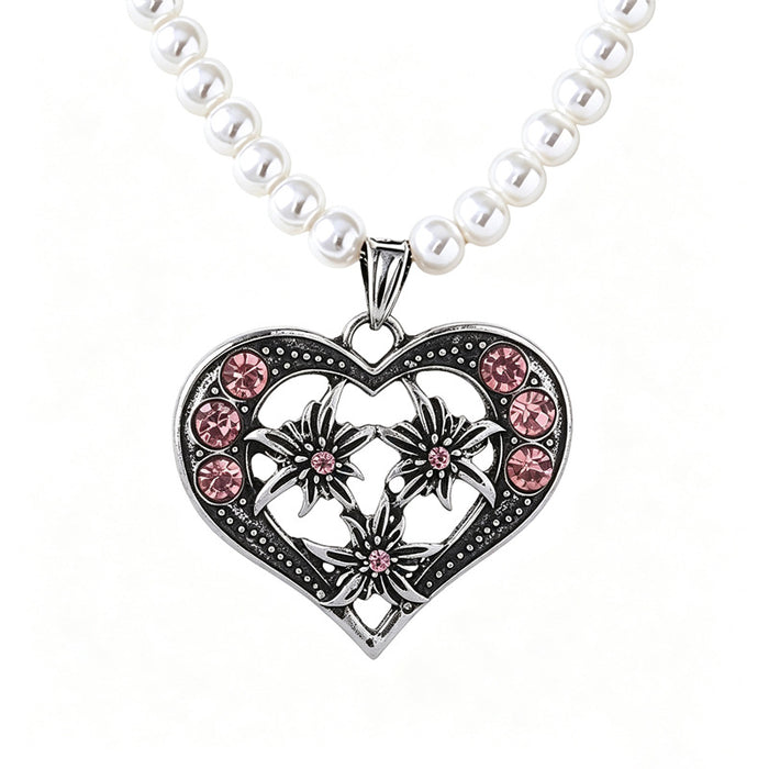 Wholesale Vintage Red Heart Edelweiss Choker Necklace With Rhinestones And Faux Pearl Beads Chic Party Fashion Accessory