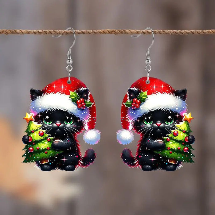 Wholesale Christmas Cat Acrylic 2D Earrings Party Fashion Accessory Gift MOQ≥2